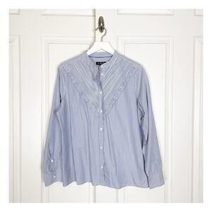 J. Crew Blue White Stripe Ruffle Trim Button Down Shirt Cotton Poplin Sz 16